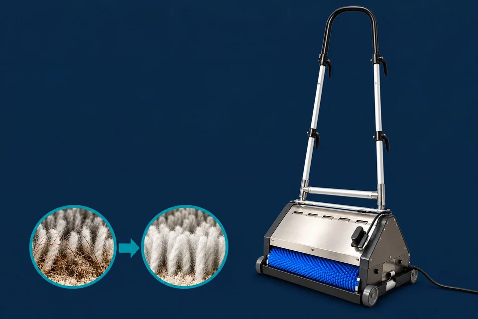 CRB machine with a stainless steel body, blue brushes and a continuous arched handle, beside carpet fibre diagrams