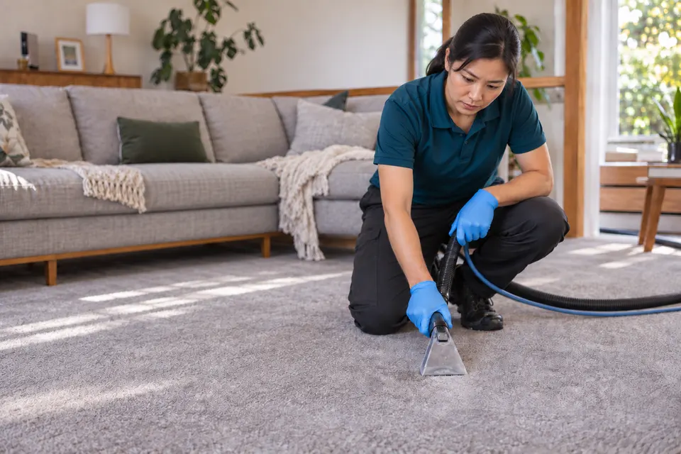One cleaner treating a carpet with a hand extraction tool, with hoses extending out of view