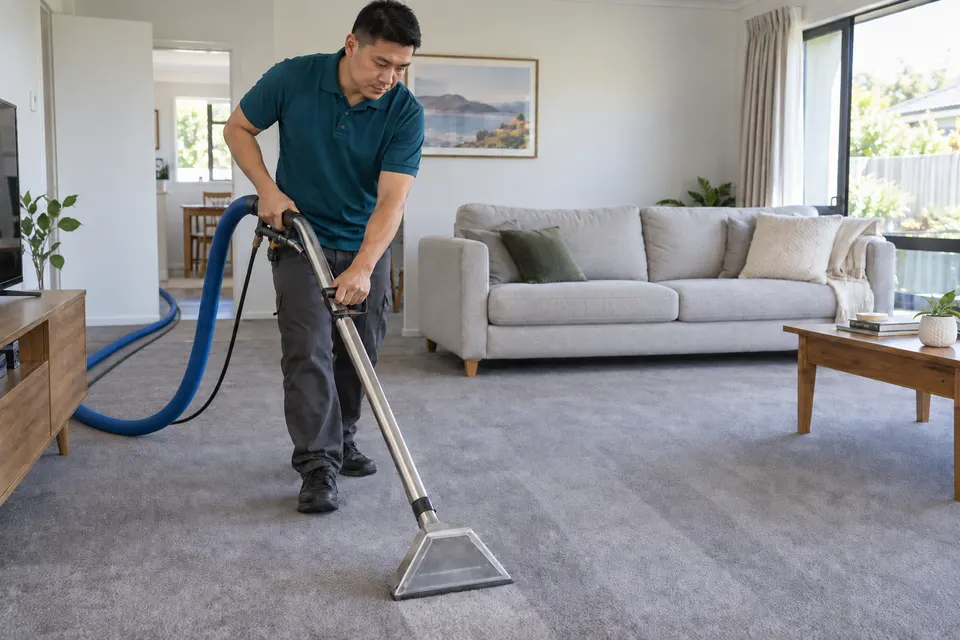 One cleaner extracting a living-room carpet, with extraction hoses leading out of the room