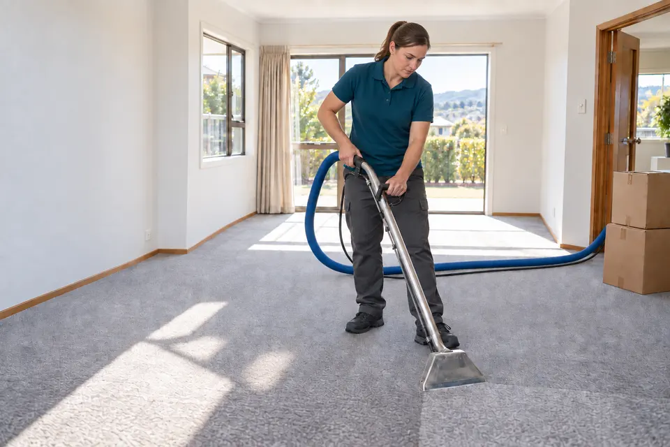 Carpet extraction in an empty rental bedroom with moving boxes by the doorway