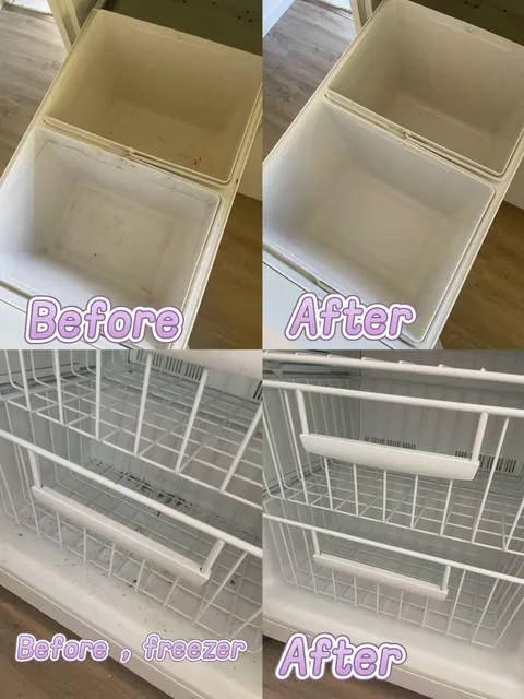 储物容器和金属冷冻柜篮筐的清洁前后拼图