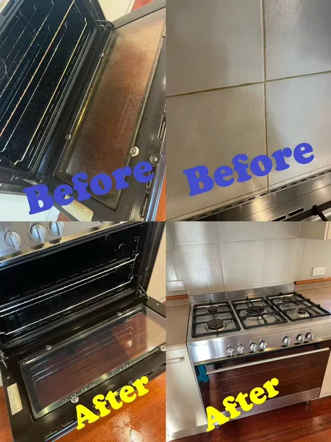 带有原始 Before 和 After 标注的烤箱及烹饪区四格对比照
