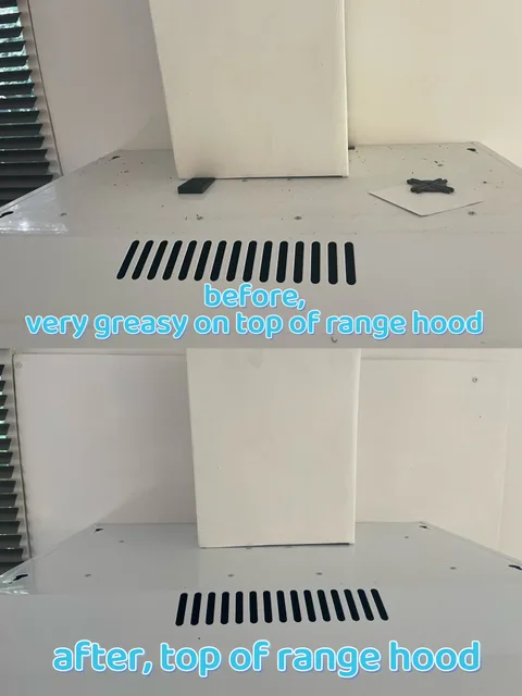 抽油烟机顶部前后对比，上方清洁前照片可见深色积垢