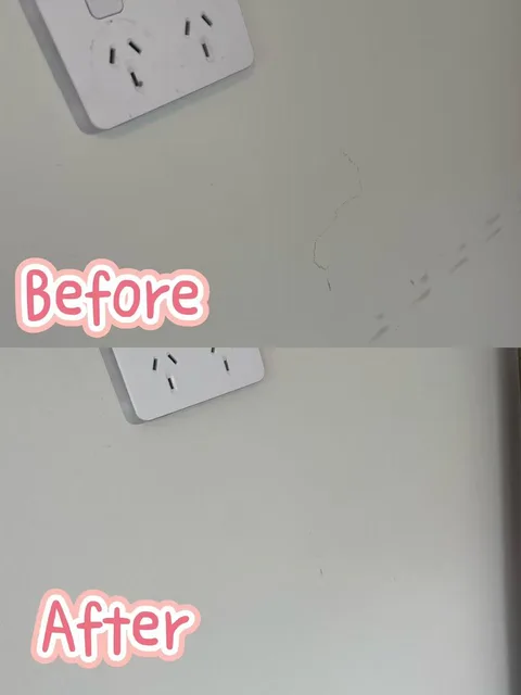 插座附近墙面的清洁前后照片，下方画面中的痕迹减少